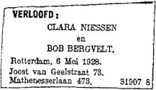 1928 Verloofd Johannes Alexander Bergvelt en Clara Johanna Catharina Maria Niessen  